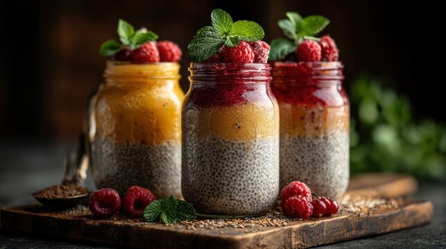 Three colorful dessert jars with raspberries and mint on wooden board