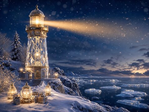 Glowing crystal lighthouse standing on a snowy cliffside at night with falling snow and ice floes in the dark cold ocean water below