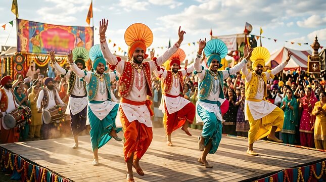 Energetic bhangra dancers in colorful traditional attire at a festival