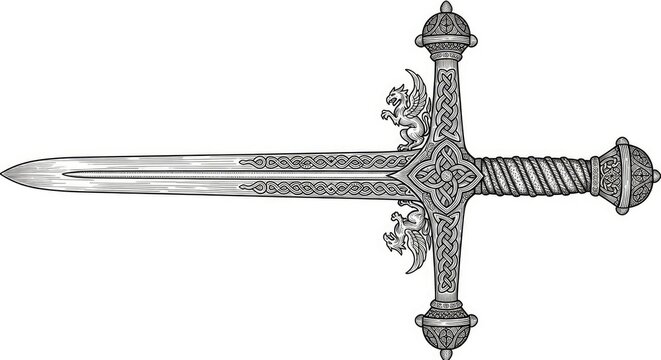 Ornate medieval fantasy sword with detailed hilt.