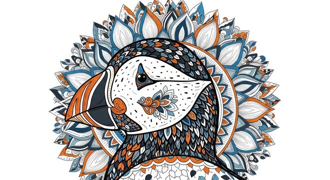 Ornate puffin head illustration with decorative mandala pattern.