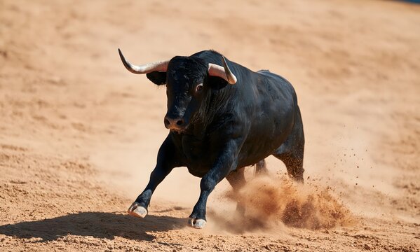 Black Bull Charging in a Bullring Kicking Up Dust