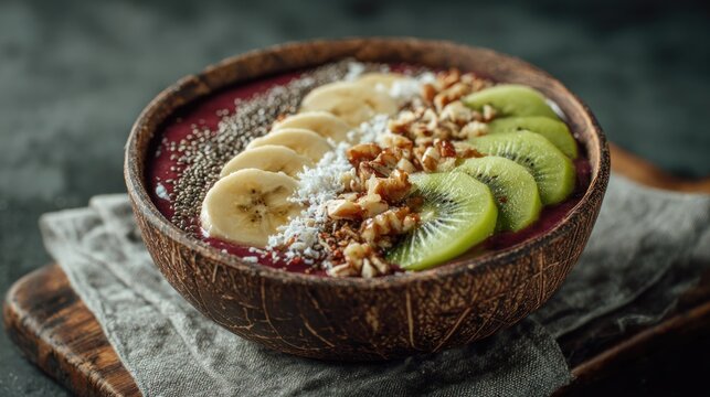 Healthy smoothie bowl with fruit and granola in a coconut bowl