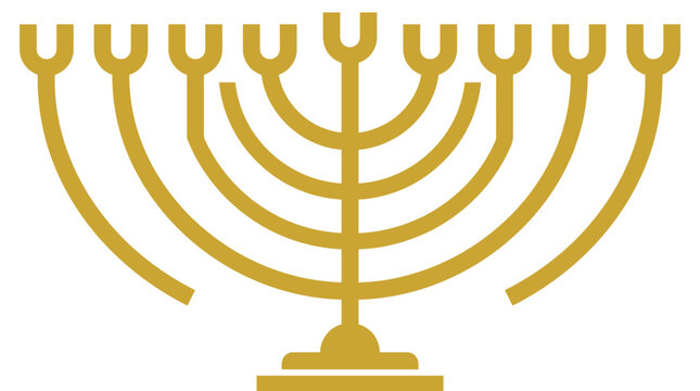 Golden Hanukkah menorah vector icon, traditional nine branch candelabra for Jewish holiday celebration, elegant gold chanukiah symbol for religious festival invitation and greeting card isolated
