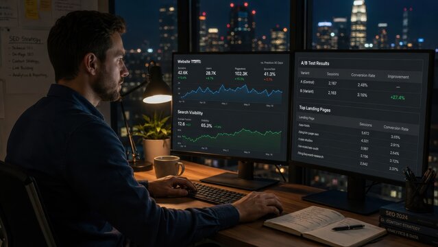 man analyzes SEO data and website traffic on dual monitors in a nighttime urban office setting.