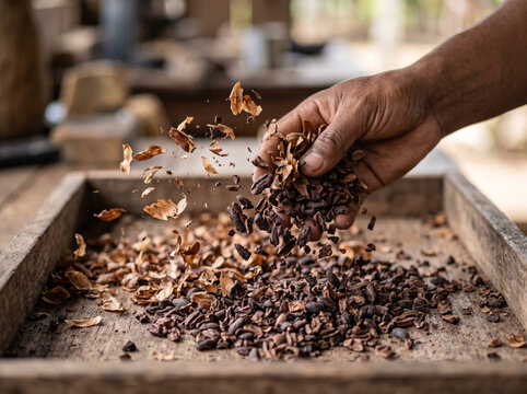 Person sorting and winnowing roasted cocoa beans in rustic wooden tray