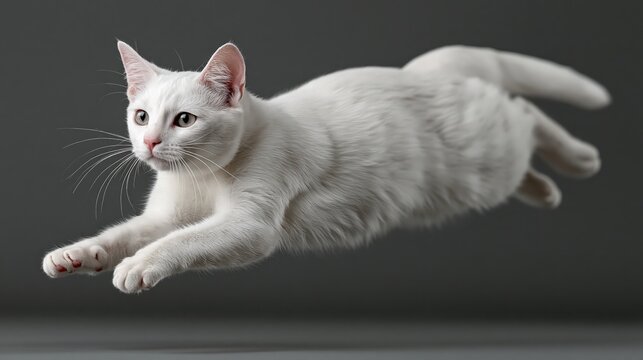 White cat jumping mid air action shot isolated on grey studio background