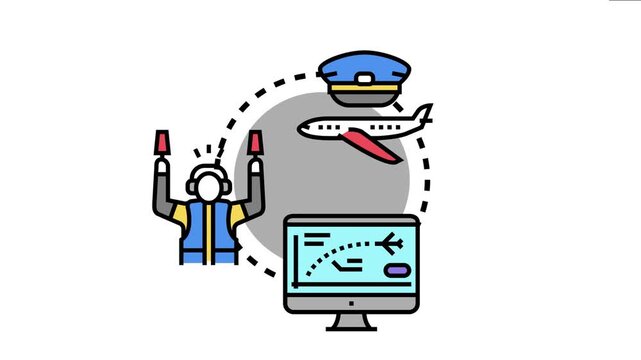 Aircraft landing path training involves a pilot cap, airplane, air traffic controller, and a computer monitor displaying the flight route for aviation education and skill development