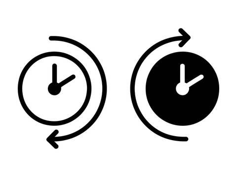 Two minimalist clock icons with circular arrows representing time reset and turnaround