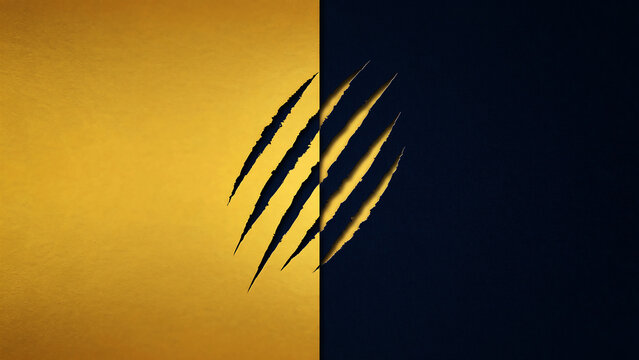 Sharp animal claw marks scratching through a split yellow and dark black paper background