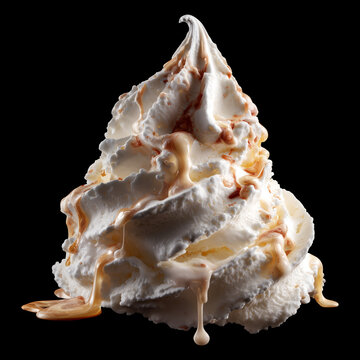 Melting vanilla ice cream scoop isolated on black background with clipping path, concept of sweetness and summer treats
