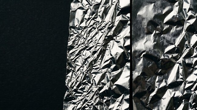 Crumpled silver aluminum foil strips on a dark background