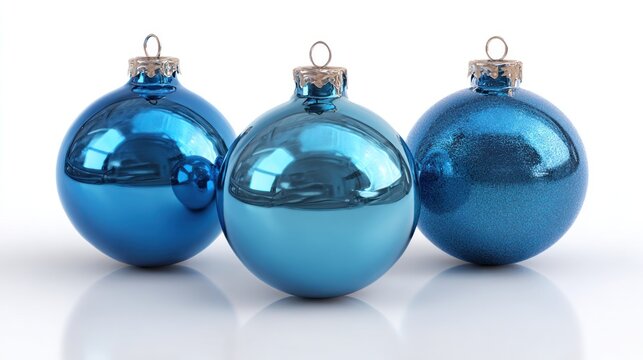 Three shiny blue christmas ornaments on white background isolated