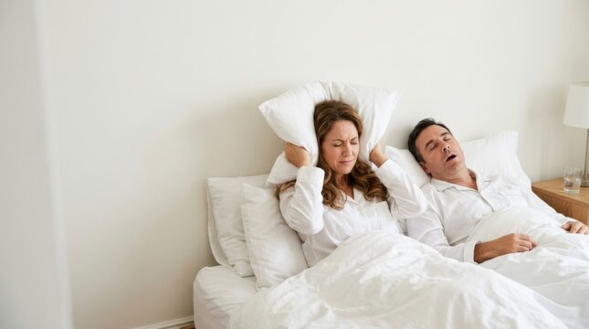 Young couple in bed woman covering ears from partner snoring loudly at night