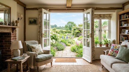 Fototapeta premium Cozy cottage living room opens to a vibrant English country garden in bloom