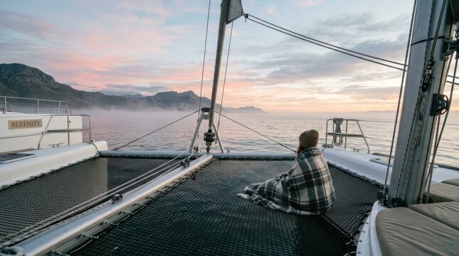 Woman wrapped in blanket watching sunrise from catamaran deck at sea