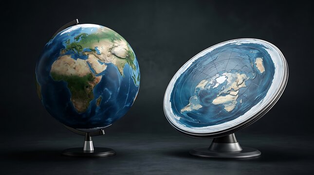 Contrasting spherical world globe with a flat earth model representing different theories and perspectives