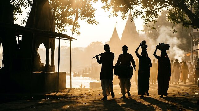 Silhouetted people walking by the river during a golden sunrise
