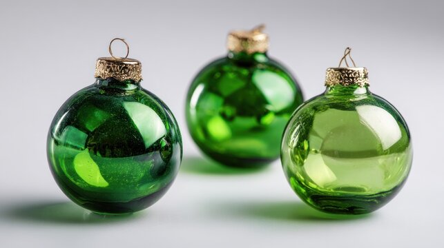 Three shiny green christmas ornaments on white background closeup