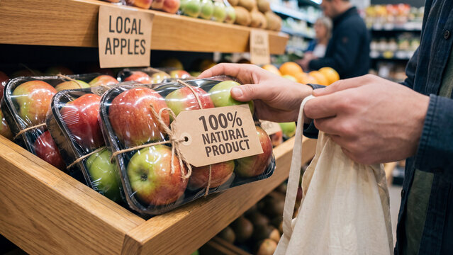 Shopper selecting packaged local apples labeled natural product at grocery store for organic fruit shopping