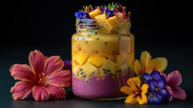 Colorful smoothie jar with assorted fruits and flowers against a dark background