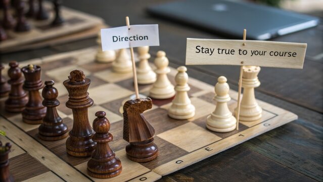 Chess Game Pieces With Motivational Signs on Board