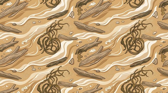 Coastal beach pattern with driftwood seaweed and sea shells