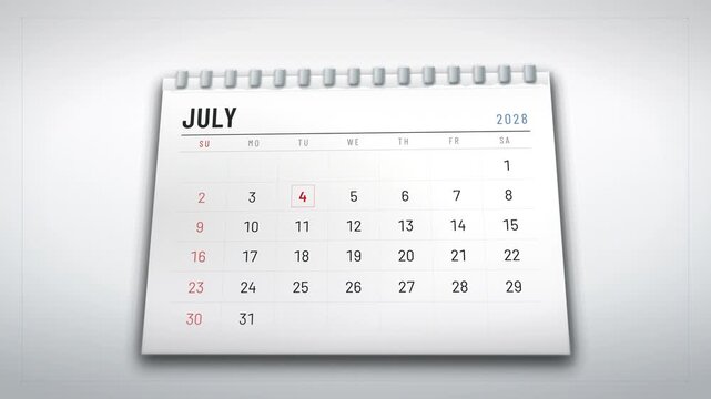 A 2028 desk calendar flips and tears through passing months, forming a polished cinematic 3D time-lapse concept for corporate planning, marketing, and advertising.