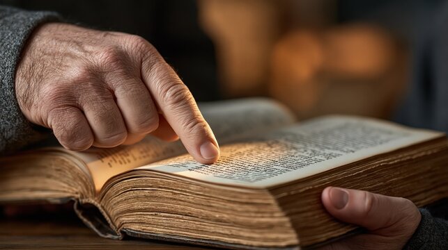 Senior man pointing finger at open old book reading text in warm light