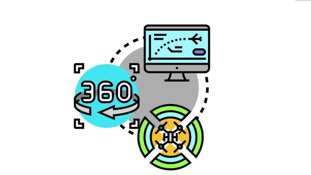 Aircraft navigation error concept featuring a computer screen displaying an incorrect flight path, 360 degree sensor coverage, and a radar unit icon, a system malfunction
