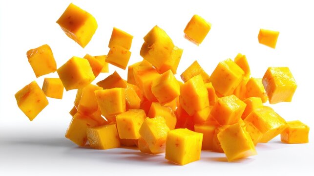 Freshly diced mango pieces falling against white background closeup