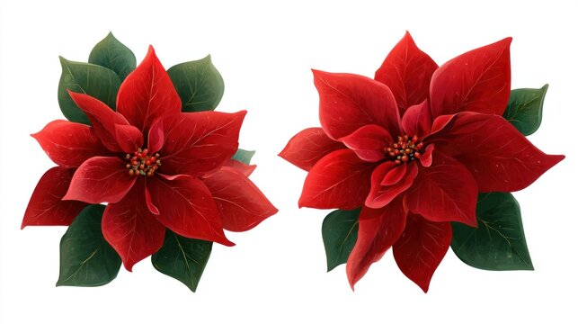 Vibrant red poinsettia flowers with green leaves isolated on white