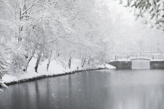Serene Winter River with Snow-Covered Trees and Bridge in Misty Landscape