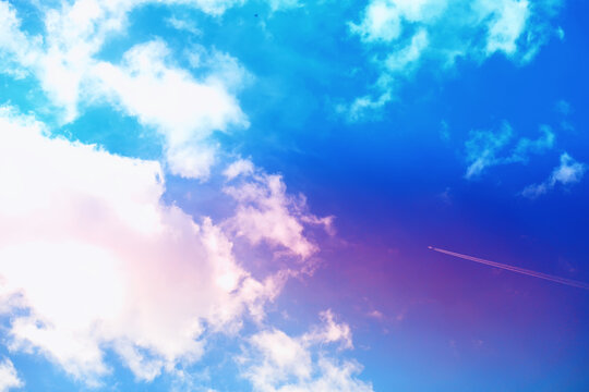 Multicolored sky background. High clouds in the summer sky. Meteorological observations of the sky.