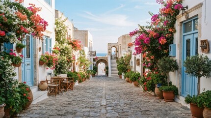 Obraz premium Charming Mediterranean street lined with bougainvillea and blue doors
