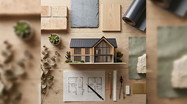 Modern house model with construction blueprints and material samples