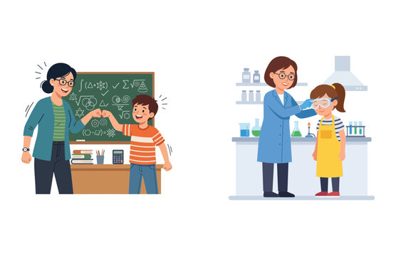 Educational scenes featuring a teacher with a student and a scientist helping a child in laboratory
