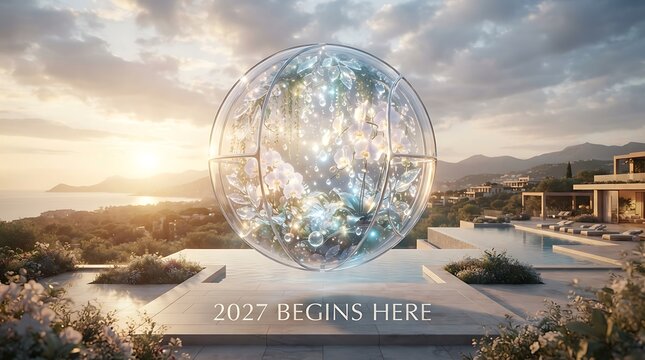 A conceptual image of a glowing glass orb filled with orchids and light floating above a luxury villa pool at sunset with the text 2027 begins here