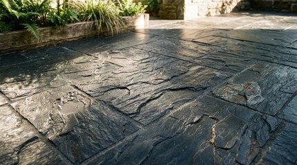 Naklejka premium Sun-drenched slate tiles create a textured outdoor patio surface