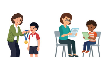 Obraz premium Flat vector illustration of a teacher awarding a student and helping another pupil with schoolwork