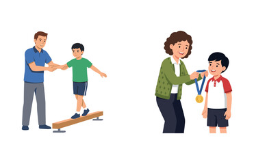 Fototapeta premium Set of vector illustrations showing a father teaching a boy gymnastics and a teacher awarding a medal
