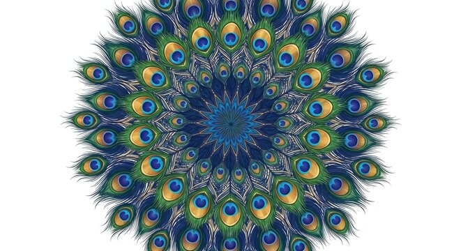 Circular peacock feather mandala pattern on white background