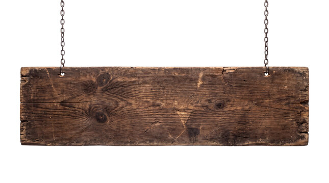 Wooden sign hanging from chains isolated on transparent background