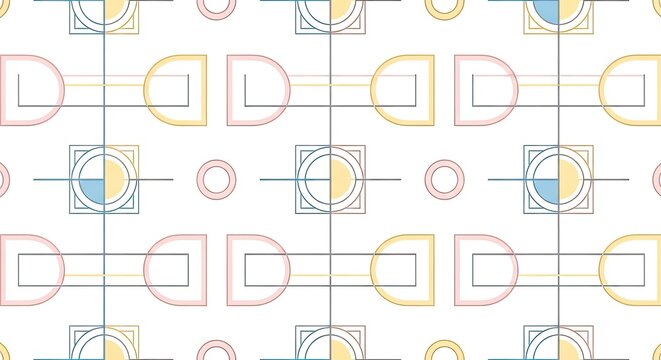Geometric pattern with circles and semicircles on white background.
