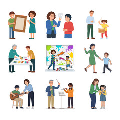 Fototapeta premium Set of vector illustrations showing mentors and children engaged in various creative and educational activities