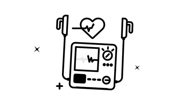 Simple defibrillator icon animation with cardiac heart rhythm with transparent background and black line. Ideal for medical websites, healthcare presentations, and first aid resources.