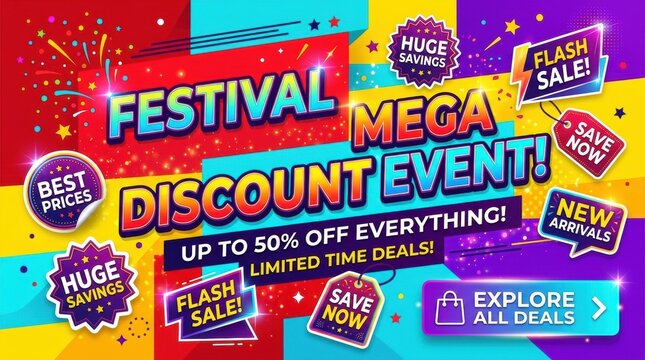Festival mega discount event banner, colorful flash sale promotion with 50 percent off, vibrant marketing poster for retail shopping deals
