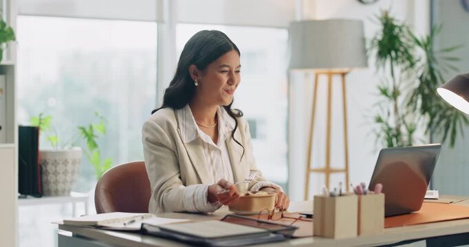 Businesswoman, laugh and eating in office with laptop, watch funny video or comedy series with meal. Happy, person and lunch break in workplace with computer, food or streaming show for entertainment