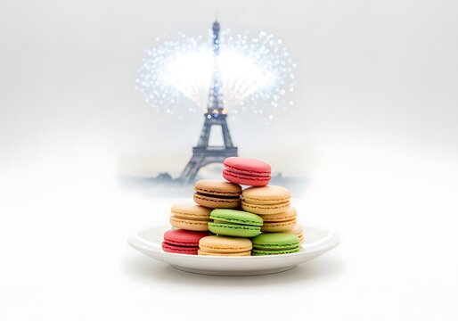 Colorful french macarons with blurred landmark and fireworks