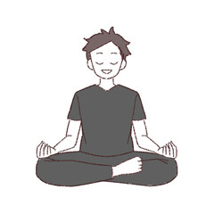 Young man meditating in lotus pose cartoon